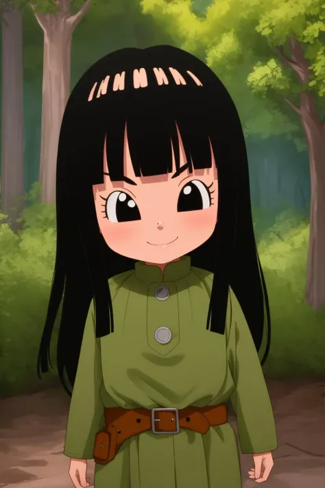 mai, 1girl, solo, black eyes, black hair, long hair, blunt bangs, straight hair, female child,
uniform, military, military uniform, green coat, brown belt,
smile,closed mouth,cowboy shot,
forest,outdoor,
(insanely detailed, beautiful detailed face, masterpiece, best quality) cinematic lighting,<lora:DBS_Mai_v1:1>, <lora:more_details:0.3>,