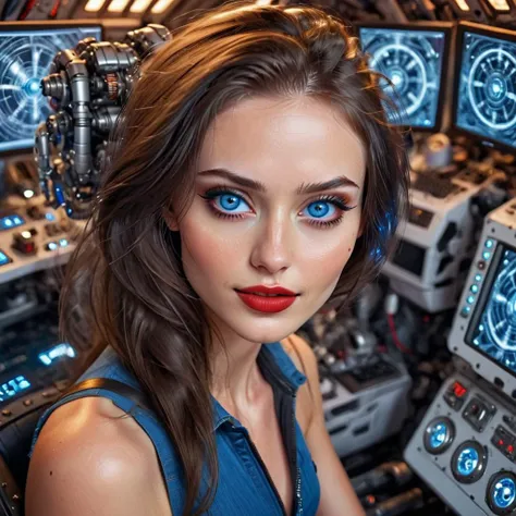 Beautiful brunette with blue eyes in the cockpit of an interstellar time machine, surrounded by robots and computers, cinematic, very realistic
 <lora:Ann4:1>
