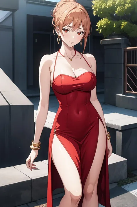 (masterpiece, best quality), outdoors, standing, looking at viewer, <lora:Miwa Shirakawa:.8>, fwmiwa, upper body, form-fitting knee-length cocktail dress, red dress, high heels, bracelets, earrings, neckline and slit