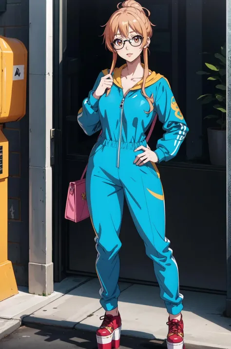 (masterpiece, best quality), outdoors, standing, looking at viewer, <lora:Miwa Shirakawa:.8>, fwmiwa, Sequin jumpsuit, platform shoes, oversized sunglasses