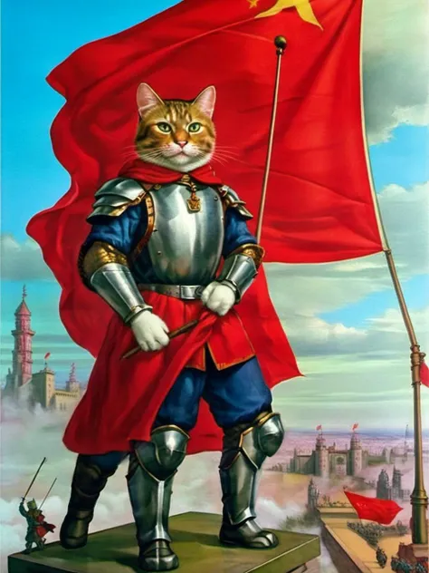 old country style painting, best quality,  masterpiece, Red flag waving in urban area, oversized cat covered in armor <lora:æ§å½é£:0.8>