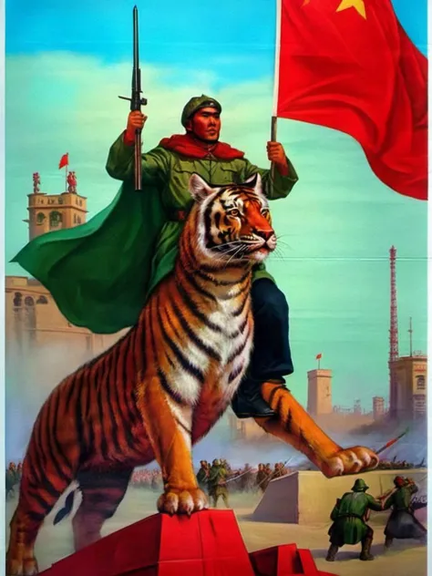 old country style painting, best quality,  masterpiece, Red flag waving in urban area, armored exotic beast <lora:æ§å½é£:0.8>