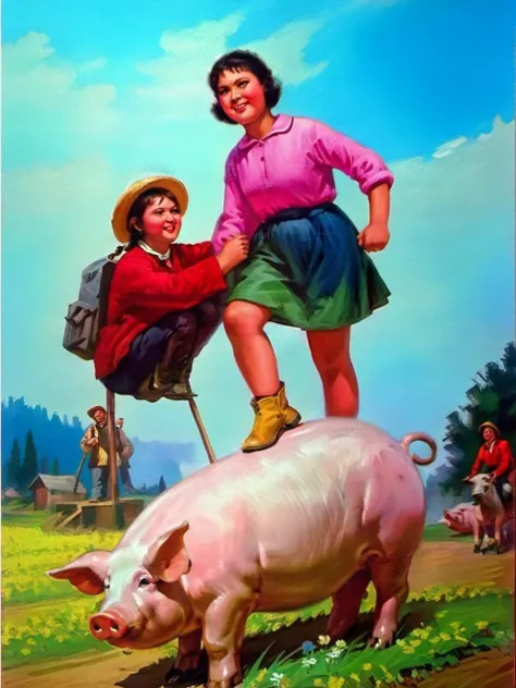 old country style painting, best quality, masterpiece, A girl rides a very large pig<lora:æ§å½é£:0.8>