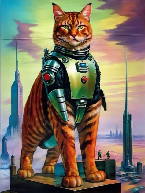 old country style painting, best quality, masterpiece, A super-large cat covered in sci-fi armor, in the cyber city <lora:æ§å½é£:0.8>