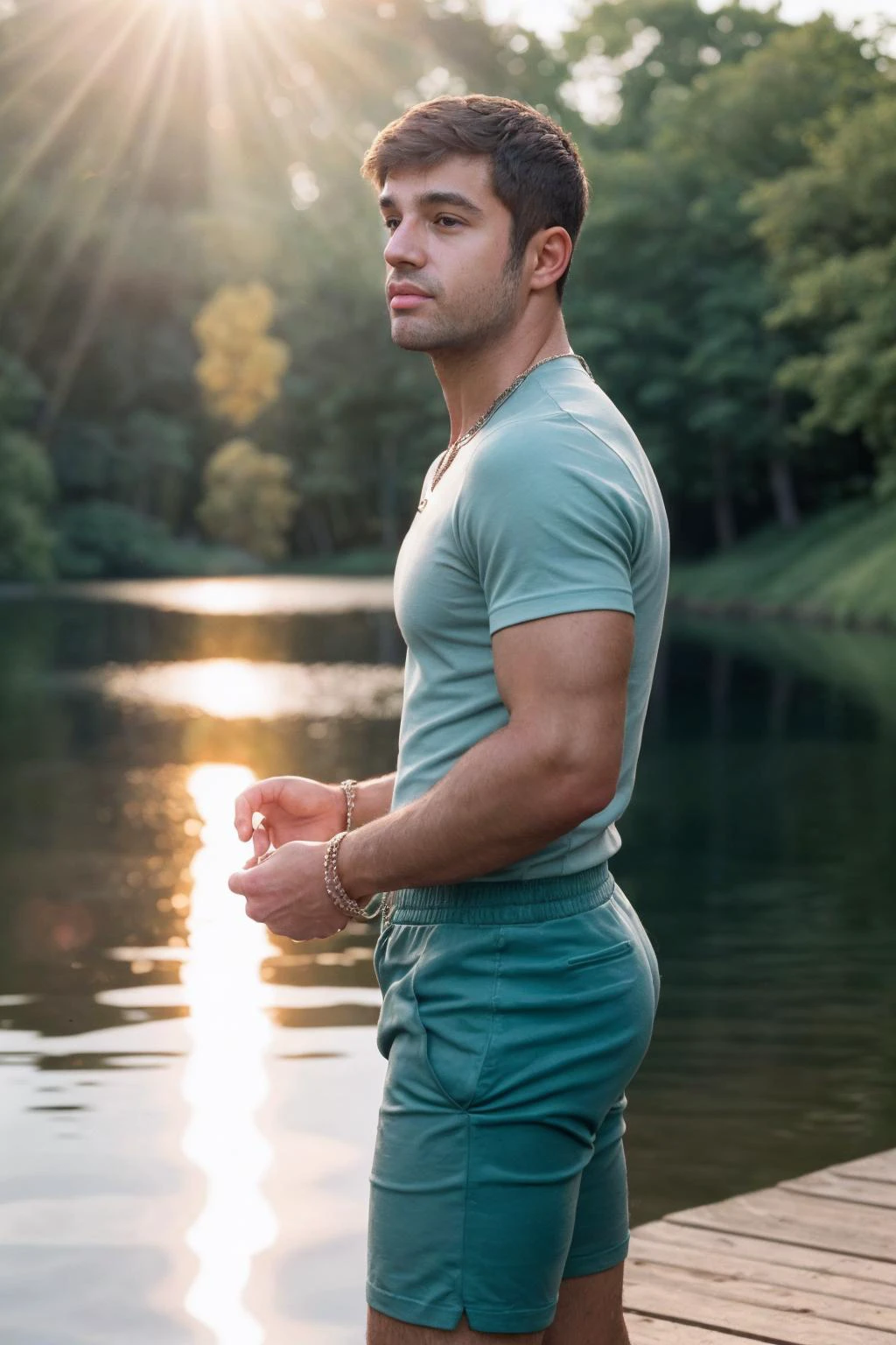 medium shot photo of dantaiperson <lora:dan_tai-09:0.8> from the side, posing, wearing a well-fitted tight teal v-neck shirt, wearing khaki shorts, light bokeh, blurred outdoor lake background, golden hour, natural light, sunlight, relaxed natural expression, 35mm, wearing a silver chain necklace, leather bracelet, looking at camera