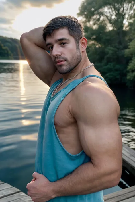 medium shot photo of dantaiperson  <lora:dan_tai-09:0.8> wearing a teal tank top, flexing bicep, light bokeh, blurred outdoor lake background, golden hour, natural light, sunlight, relaxed natural expression, 35mm, facial hair, beard, wearing a silver chain necklace