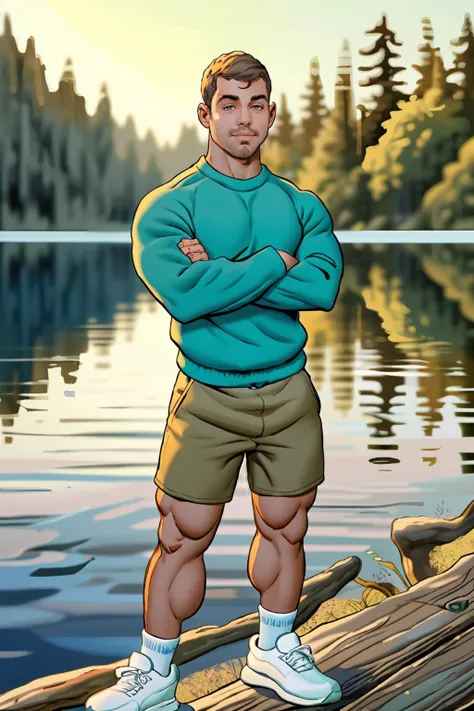 dynamic pose <lora:v4_p_josman:1>  illustration, dantaiperson   <lora:dan_tai-09:0.8> arms crossed, wearing a well-fitted teal tank top, wearing tight khaki shorts and white sneakers, light bokeh, blurred outdoor lake background, golden hour, natural light, sunlight, relaxed natural expression, looking at camera, a weathered pier in the background