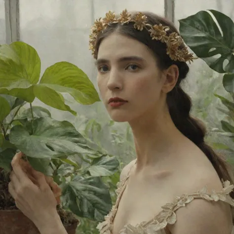 Art Nouveau painting of a female botanist surrounded by exotic plants in a greenhouse