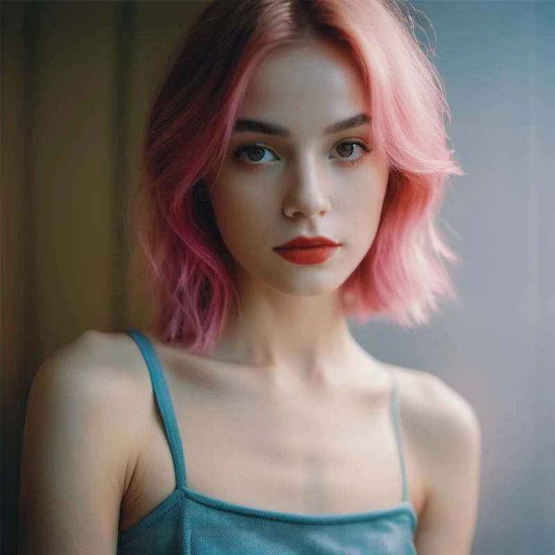 ((RAW photo:1.3)),(beautiful model girl in a dress:1.2),sit on the chair,(pink long hair),beautiful slim face:1.1,make up,(tattoo),focus on eyes,detailed eyes:1.2, incredible skin detail:1.4,natural skin:1.2,pores:0.8, 8k uhd,dslr,soft lighting,high quality,film grain,Fujifilm XT3,analog film photo woman,skinny,(hair color:1,2),make-up,lipstick,eyeliner,small_breasts,tank top,skirt,seductive expression,realistic skin,full_shot,neon lights,highres,photo_(medium),reality,polaroid,realistic,glowing neon lights,Cinematic Lighting,moody lighting,background light,Volumetric Lighting,Raw photo,Best quality,masterpiece,ultra high res,(photorealistic:1.4),raw photo,realistic face,face texture,detail face,8k,uhd,dslr,soft,lighting,high quality,film grain,hyperrealismus,hyperrealistic,Atmospheric,Realistic Skin Texture,realistic hair details,ultra quality,Hyper Realism,realistic face,, faded film, desaturated, 35mm photo, grainy, vignette, vintage, Kodachrome, Lomography, stained, highly detailed, found footage
