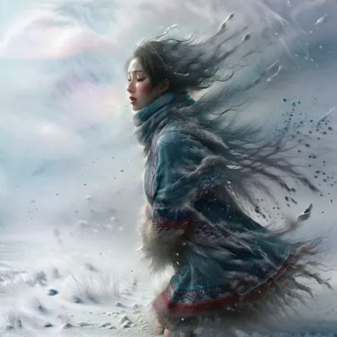 sdgtl, Art Style, deep snowy landscapes, snowfall, A woman wrapped in warm fur winter clothes is wading through a blizzard in leaning forward against a strong wind and snowfall, his scarf fluttering in the wind, volumetric light, a thick fog through which the rays of the rising sun pierce, an atmospheric haze, 16k, artstation.