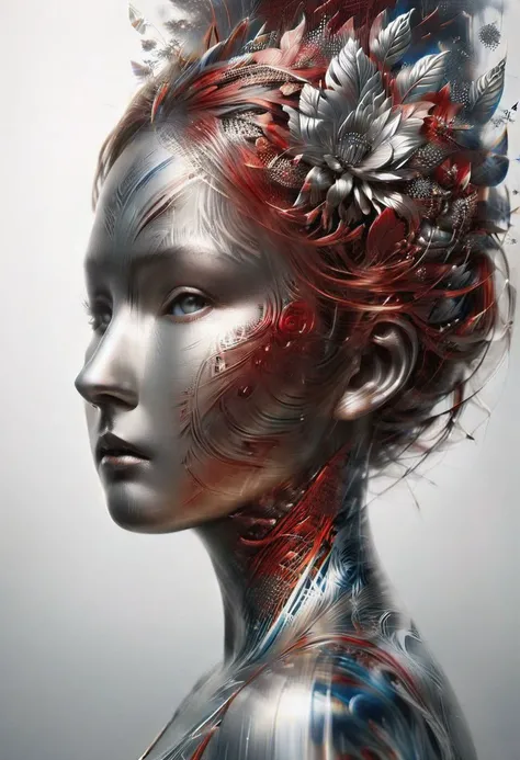 ais-steelz,, ultra detailed, beautiful and aesthetic, masterpiece, best quality, (zentangle, mandala, tangle, entangle), (fractal art:1.3) , fullbody of european woman in an intricately detailed red silk 2 buns, perfecteyes eyes, seduction stance, exceptional realism, a stunning art, abstract, flowery, romanticism
