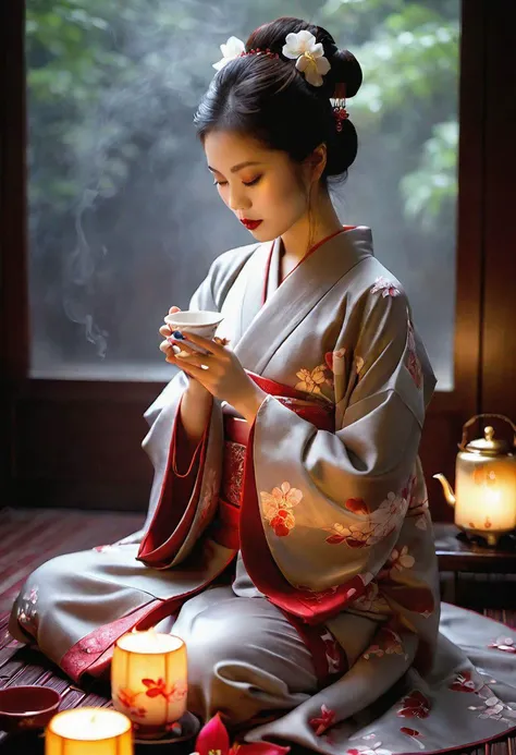 high quality, realistic, extradetalised, detailed face, japanese girl, sitting on her knees in a cloud of evening fog, secluded in her studio, where candlelight softly illuminates her exquisite outfit. Among the cherry petals, she arranges a tea ceremony, inviting you to an intimate ritual, an exciting mixture of art, femininity and erotic desire.
(( tea room, tea ceremony by candlelight ))