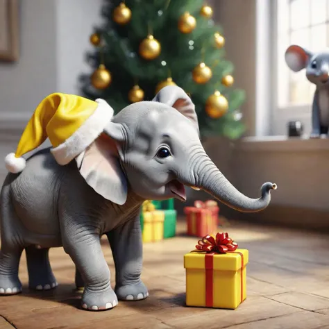 A happy elephant receives a Christmas Yellow Christmas present from a mouse, cinematic hd 4k 8k highly detailed octane render trending artstation, Dynamic Light., (high quality skin), (high detailed face skin), (realistic iris), (realistic pupils), (skin pores), (skin imperfections:0.27),