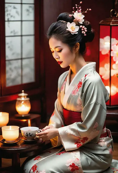 high quality, realistic, extradetalised, detailed face, japanese girl, sitting on her knees in a cloud of evening fog, secluded in her studio, where candlelight softly illuminates her exquisite outfit. Among the cherry petals, she arranges a tea ceremony, inviting you to an intimate ritual, an exciting mixture of art, femininity and erotic desire.
(( tea room, tea ceremony by candlelight ))