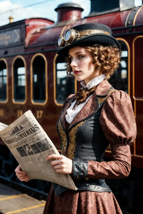 (realistic photo), steampunk, 
young female, __appearance/hair__, 
decorated outfit, 
steam train, waiting platform, 
newspaper, 
__time__, 
skin texture, (best quality, absurdres)