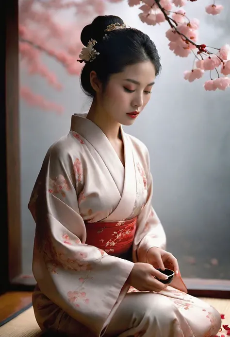 high quality, realistic, extradetalised, detailed face, japanese girl, sitting on her knees in a cloud of evening fog, secluded in her studio, where candlelight softly illuminates her exquisite outfit. Among the cherry petals, she arranges a tea ceremony, inviting you to an intimate ritual, an exciting mixture of art, femininity and erotic desire.
(())