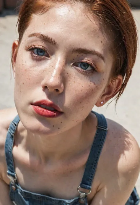 (masterpiece, best quality, absurdres, 4k, aesthetic, detailed, intricate), white trash,
perfecteyes, tomboy, crew cut hair, red hair, freckles, skinny, overalls, boots, shirtless, kneeling, looking up, high angle view, shirtless, small breasts, cleavage, eyeshadow, mascara, lipstick, down blouse, 21 years old,