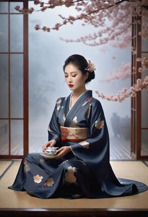 high quality, realistic, extradetalised, detailed face, japanese girl, sitting on her knees in a cloud of evening fog, secluded in her studio, where candlelight softly illuminates her exquisite outfit. Among the cherry petals, she arranges a tea ceremony, inviting you to an intimate ritual, an exciting mixture of art, femininity and erotic desire.
(())