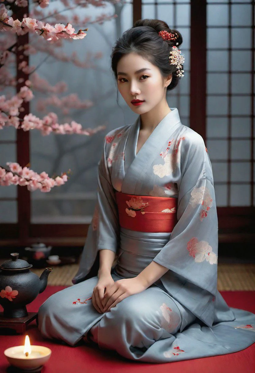 high quality, realistic, extradetalised, detailed face, japanese girl, sitting on her knees in a cloud of evening fog, secluded in her studio, where candlelight softly illuminates her exquisite outfit. Among the cherry petals, she arranges a tea ceremony, inviting you to an intimate ritual, an exciting mixture of art, femininity and erotic desire.
(())