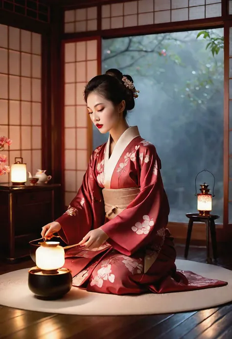 high quality, realistic, extradetalised, detailed face,  japanese girl, sitting on her knees in a cloud of evening fog, secluded in her studio, where candlelight softly illuminates her exquisite outfit. Among the cherry petals, she arranges a tea ceremony, inviting you to an intimate ritual, an exciting mixture of art, femininity and erotic desire.
(( tea room, tea ceremony by candlelight ))