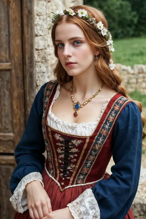 (realistic photo), medieval french, 
young female, __appearance/hair__, peasant, 
peasant outfit, decorated, cleavage, 
__time__, 
skin texture, (best quality, absurdres)