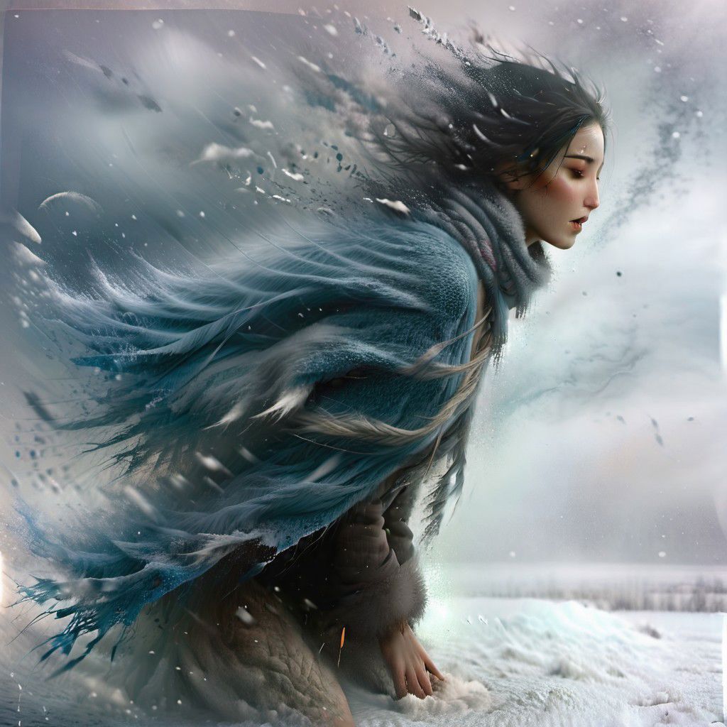 A woman with blue hair and a scarf is walking in the snow - SeaArt AI