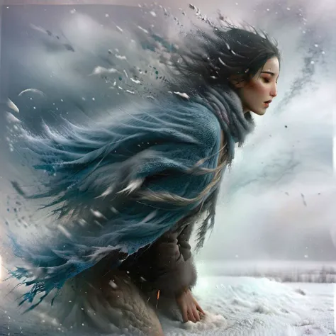 sdgtl, Art Style, deep snowy landscapes, snowfall, A woman wrapped in warm fur winter clothes is wading through a blizzard in leaning forward against a strong wind and snowfall, his scarf fluttering in the wind, volumetric light, a thick fog through which the rays of the rising sun pierce, an atmospheric haze, 16k, artstation.