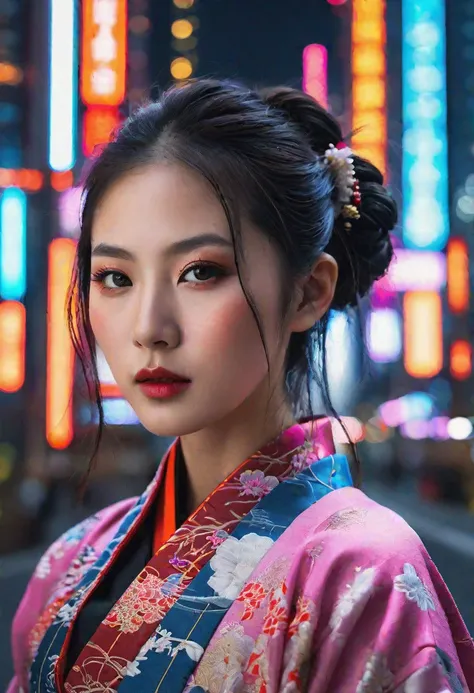 high quality, realistic, extradetalised, detailed face, japanese girl, A Japanese girl in a traditional kimono stands among a modern cyberpunk city surrounded by tall skyscrapers, flickering neon signs and colorful lights.
((()))