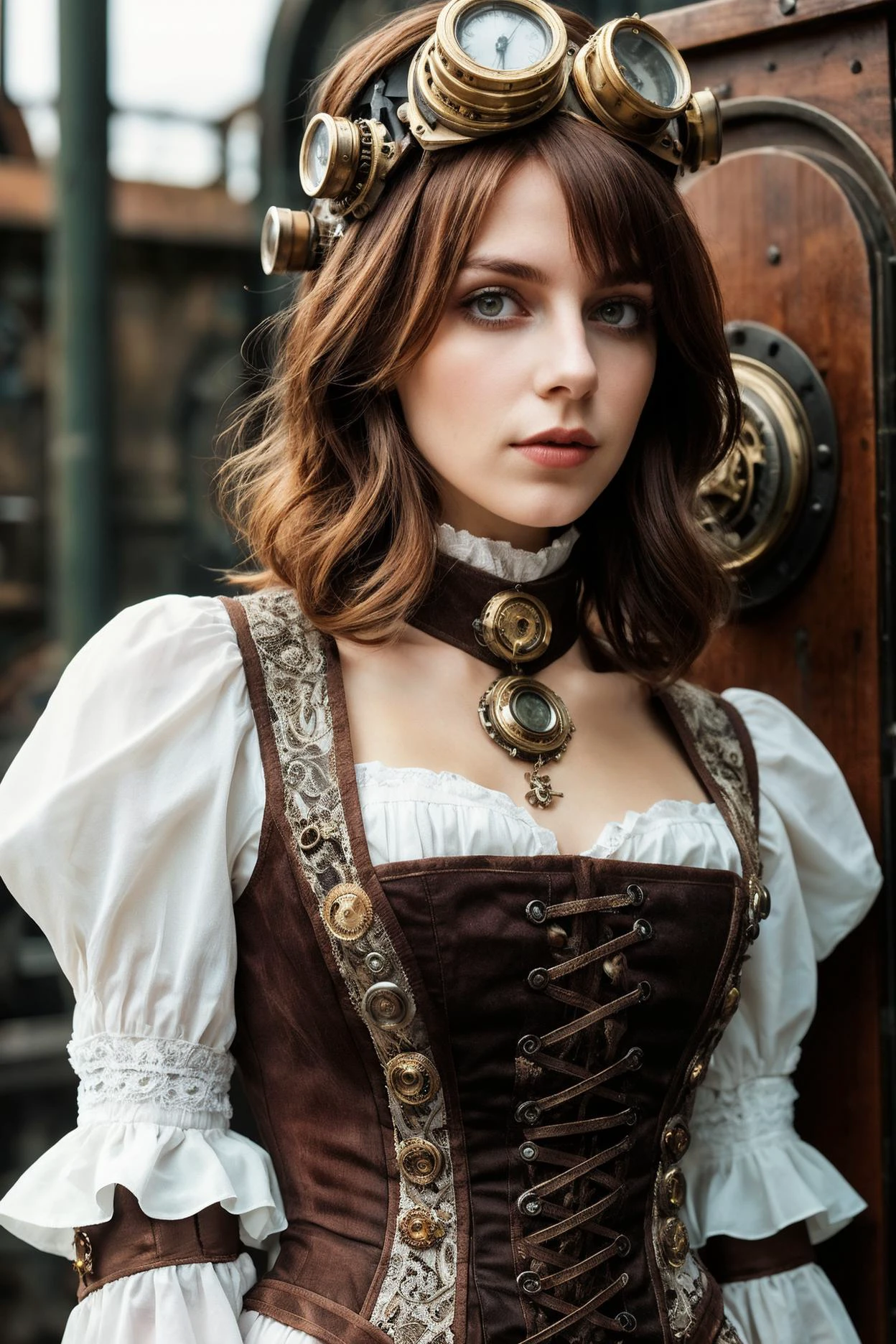 (realistic photo), steampunk,
young female, __appearance/hair__,
narrow dress, decorated,
__time__,
skin texture, (best quality, absurdres)