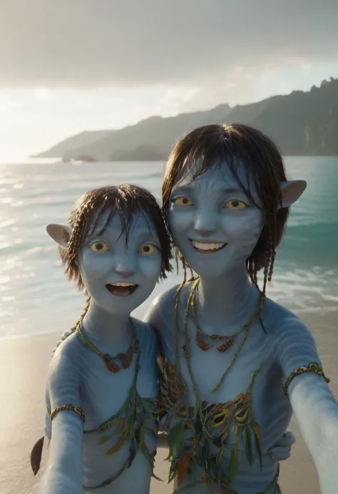 older sister (Kiri) is (taking selfie) while hugging little (Tuk), holding the camera with her hand, closeup, detailed faces, happy playful smiles, ((big eyes wide open)), (((two different))) girls, (((((age difference))))), (tribal huts) and sea with (((high))) surf on background, nipples (covered by necklace strings and pieces), SK_CINEMATIC