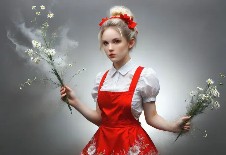 fullbody photo of european woman in an intricately detailed baby red silk pinafore style dress, white stocking, blond, 2 buns, perfecteyes eyes, seduction stance, exceptional realism, a stunning art, abstract, flowery, predominantly red, white, upper body, centered, key visual, intricate, highly detailed, breathtaking beauty, precise line art, , volumetric light, a thick fog through which the rays of the rising sun pierce, an atmospheric haze,perfecteyes , by Minjae Lee, Carne Griffiths, Emily Kell, Steve McCurry, Geoffroy Thoorens, Aaron Horkey, Jordan Grimmer, Greg Rutkowski, amazing depth, double exposure, surreal, geometric patterns, intricately detailed, bokeh, perfect balanced, deep fine borders, artistic photorealism , smooth, great masterwork by head of prompt engineering 16k, artstation.