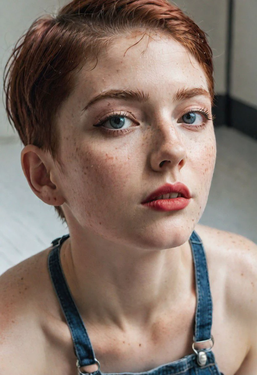 (masterpiece, best quality, absurdres, 4k, aesthetic, detailed, intricate), white trash, perfecteyes, tomboy, crew cut hair, red hair, freckles, skinny, overalls, boots, shirtless, kneeling, looking up, high angle view, shirtless, small breasts, cleavage, eyeshadow, mascara, lipstick, down blouse, 21 years old,