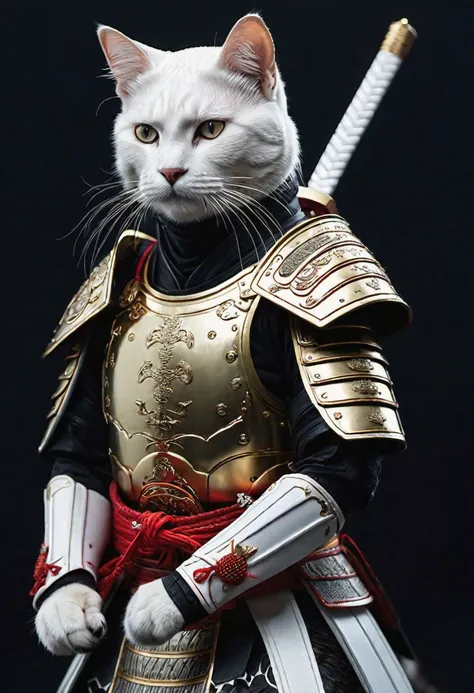 high quality, realistic, extradetalised, detailed, anthropomorphic cat samurai, in white armour, 
(((noght time, view from afar)))