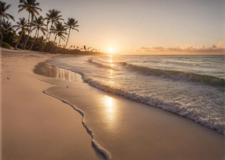 a raw photo of a serene coastal landscape at sunset, featuring a calm ocean with gentle waves, a pristine sandy beach, palm trees swaying in the breeze, and the sun setting on the horizon, casting a warm and golden glow across the scene. masterpiece, photorealistic, 8k, Fujifilm XT3