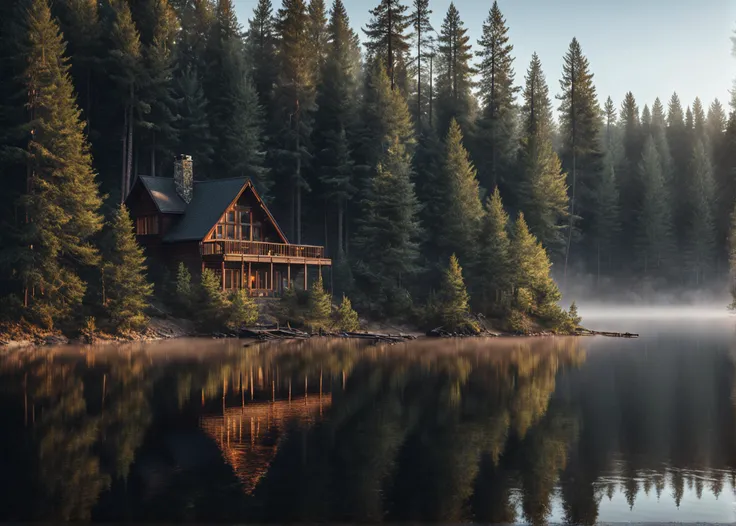 a raw photo of a tranquil lakeside cabin surrounded by towering pine trees, with the early morning mist gently rising from the water's surface and the first rays of sunlight filtering through the branches. masterpiece, photorealistic, 8k, Fujifilm XT3