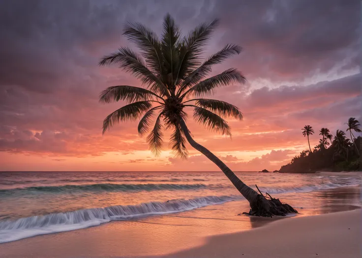 a breathtaking raw photo of a serene coastal sunset, featuring a secluded beach, gentle waves crashing against the shore, a colorful sky filled with warm hues, and a lone palm tree silhouetted against the fading light. capture the mesmerizing details and atmosphere of this tranquil scene. masterpiece, photorealistic, 8k, Fujifilm XT3