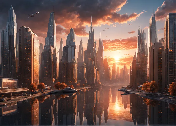 masterpiece, a breathtaking photorealistic scene of an otherworldly cityscape at dawn, featuring towering crystalline structures bathed in the warm glow of a dual sun sunrise, with a futuristic skyline reflecting in a pristine, rippling body of water, and flying vehicles seamlessly navigating the skies above, all brought to life with the precision and detail