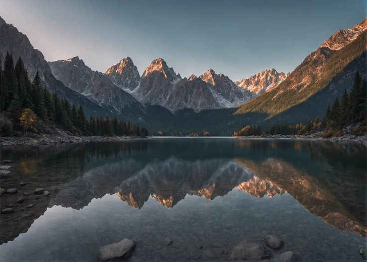 a captivating raw photo that captures the breathtaking beauty of a serene mountain landscape at sunrise. The towering peaks should be cloaked in the soft, golden hues of dawn, with misty valleys below and a crystal-clear alpine lake reflecting the surrounding beauty. Ensure the composition highlights the tranquility and majesty of the scene, making it an ideal backdrop for relaxation and inspiration. masterpiece, photorealistic, 8k, Fujifilm XT3