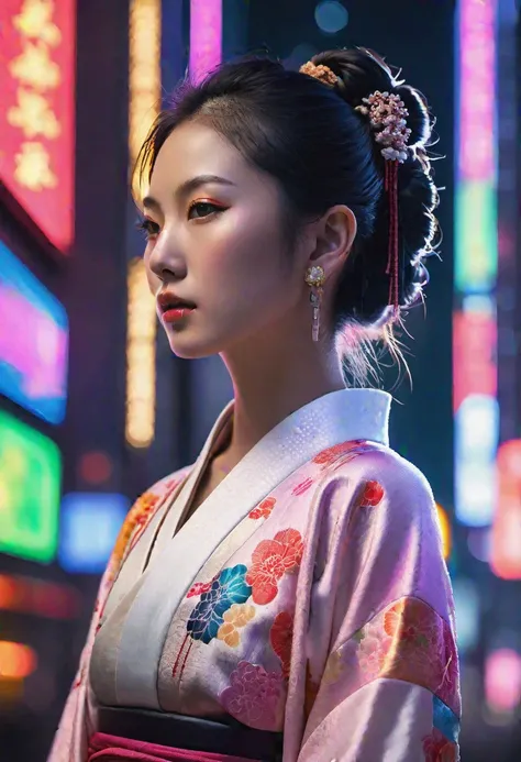 high quality, realistic, extradetalised, detailed face, japanese girl, A Japanese girl in a traditional kimono stands among a modern cyberpunk city surrounded by tall skyscrapers, flickering neon signs and colorful lights.
((()))