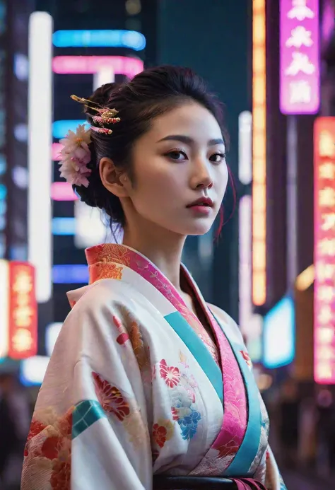 high quality, realistic, extradetalised, detailed face, japanese girl, A Japanese girl in a traditional kimono stands among a modern cyberpunk city surrounded by tall skyscrapers, flickering neon signs and colorful lights.
(((photo from afar
)))