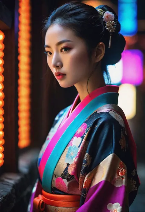 high quality, realistic, extradetalised, detailed face, japanese girl, In an old temple, a Japanese girl in a traditional kimono stands among the ancient walls, reflecting the mystery of the past. A modern cyberpunk city unfolds around her, with tall skyscrapers, flickering neon signs and multi-colored lights, symbolizing a unique fusion of tradition and modernity in vibrant harmony.
((()))