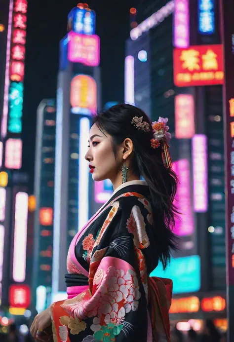 high quality, realistic, extradetalised, detailed face, japanese girl, A Japanese girl in a traditional kimono stands among a modern cyberpunk city surrounded by tall skyscrapers, flickering neon signs and colorful lights.
(((photo from afar
)))