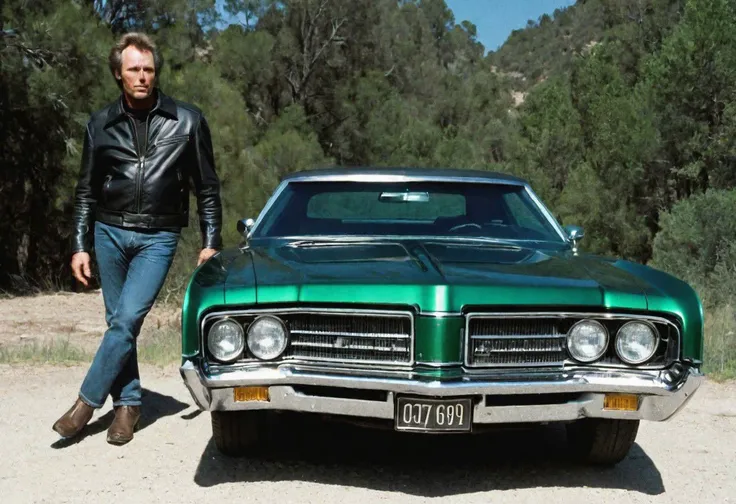 publicity movie photo, a 2/3 angle photo Clint Eastwood standing next to a dark green 1969 grand torino