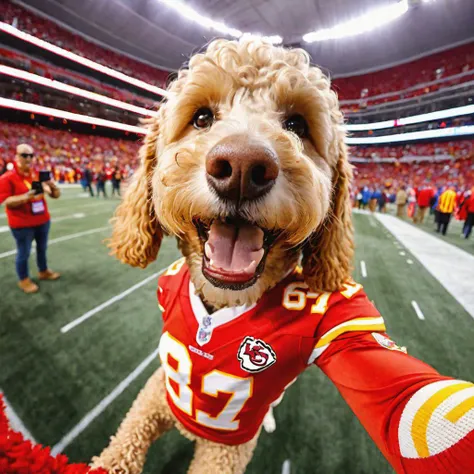Smiling beige golden doodle takes a selfie at the Superbowl, Kansas City Chiefs jersey #87, Chiefs gear, clear focused eyes, in the style of fisheye lens effects, happy mood, smiling, strong facial expression, tilt shift