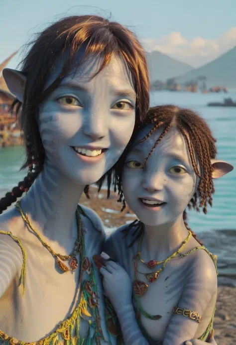 older sister (Kiri) is (taking selfie) while hugging little (Tuk), holding the camera with her hand, closeup, detailed faces, happy playful smiles, ((big eyes wide open)), (((two different))) girls, (((((age difference))))), (tribal huts) and sea with (((high))) surf on background, nipples (covered by necklace strings and pieces), SK_CINEMATIC
