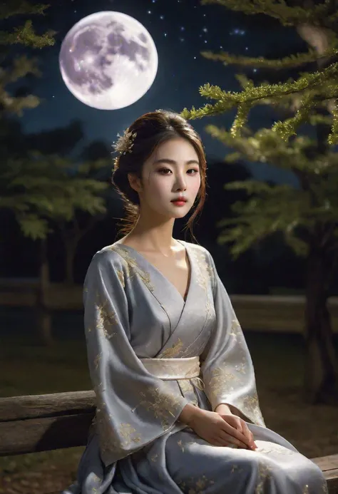 high quality, realistic, extradetalised, detailed face, japanese girl, In a night park, illuminated by moonlight, a girl in a magic dress sits on a bench. The fabric softly flows around her figure, her hair is loose under the moon rays. Her eyes shimmer with mystery, giving the impression that she has come from a dream. In the silence of the night, she seems to become part of nature, chained to a moment of mystical beauty.
(((park, night time)))