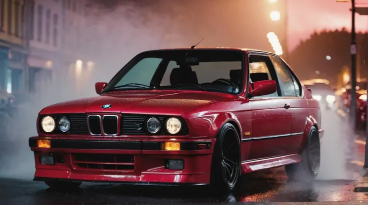 a red car with smoke coming out of it's exhaust pipes on a street,red bmw_e30 in prague night streets,rain,raindrops,dark cinematic,sexy,raw photo,8k,tank top,((masterpiece)),((realistic)),perfect eyes,detailed human skin texture,detailed human face,realistic face,details,realistic hair,details,freckles,skin texture,light reflections,depth of field,light from street lights,seductive light,lead lamps on,backlight,light reflected from shiny surfaces,urban atmosphere,realistic shadows,bokeh,extremely detailed background,glare,surreal,analog photo,photorealism,realistic,8k,natural lighting,realistic details,dramatic lighting,(backlight),professional photography,cinema,Super resolution,16k,realistic skin texture,detail,pore,lighting,extremely detailed background,glare,surreal,neon lights,cinema,Super-res,16k,Fujifilm XT3,neon light,realistic paint,photorealistic physically and optically correct,realistic paint texture,photorealism,cinematic lighting,reflections,reflections of paint,headlights on,lights on,reflected,drive,race,in motion,spinning wheels,fast,light,dark night,neon lights in the background,extremely detailed car,telephoto lens,bokeh,extremely detailed car,extremely detailed background,reflections,unreal engine,raw photo,photorealism,street center,smoke,thresholds,lamps,lights on,rain,fog,light from street light,raindrops,white fog