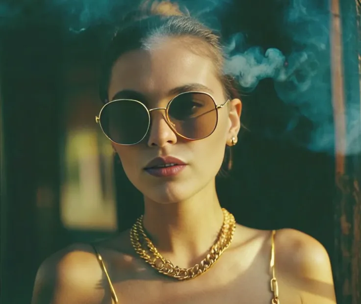 90s woman,gansta rapper . Boss gangster in sunglasses and gold chain. smokes a cigar near club. Rapperoff bare shoulders,oversized clothes,photo depth of field,shadows,grainy,seductive analog lofi (by Oleg Oprisco Laura Makabresku),