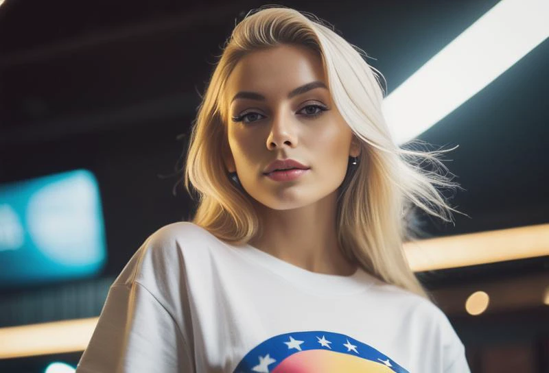 1 skinny european woman blonde,small breasts,top,long straight hair,low angle,polaroid photo,background,telephoto,bokeh,extremely detailed background,reflections,surreal,raw photo,photorealism,camera raw,analog photo,(((hyperrealistic) ) ),realistic,8k,natural lighting,realistic details,(backlight),professional photography,cinema,Super-res,16k,uhd,cap hip pop dance dynamic pose dutch angle,perspective enjoy oversized t-shirt,street,photo depth of field,grainy,seductive analog lofi conceptual,contemporary,photography,photography-color,portraits,