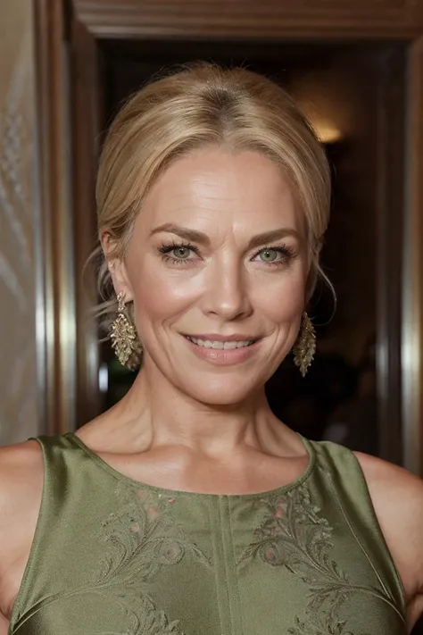 (full body shot:1.0), photorealistic photo of hhwmmilf, a mature woman, fine lines and wrinkles, tall, body, short hair, smiling, wearing a green dress, looking at the camera, realistic, (masterpiece:1.1), (best quality:1.1), beautiful, (intricate details), unity 8k wallpaper, ultra detailed, aesthetic, perfect lighting, (wholesomegrannies:0.4), <lora:hhwmmilf_V1-000008:0.9>